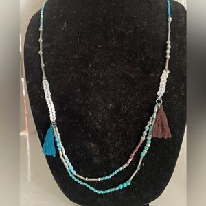 28” Cowgirl Confetti silver blue white howlite beaded necklace & tassels